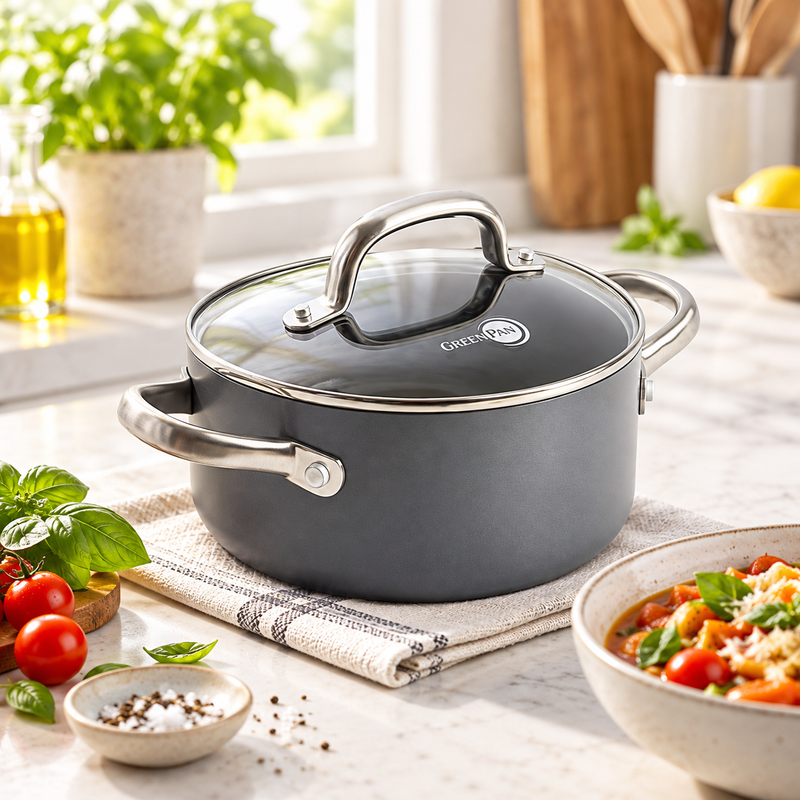 GreenPan Mayflower Pro 18 cm Cam Kapaklı Derin Tencere Thermolon™ Seramik Yüzey | PFAS, PFOA ve PTFE İçermez | İndüksiyon Uyumlu