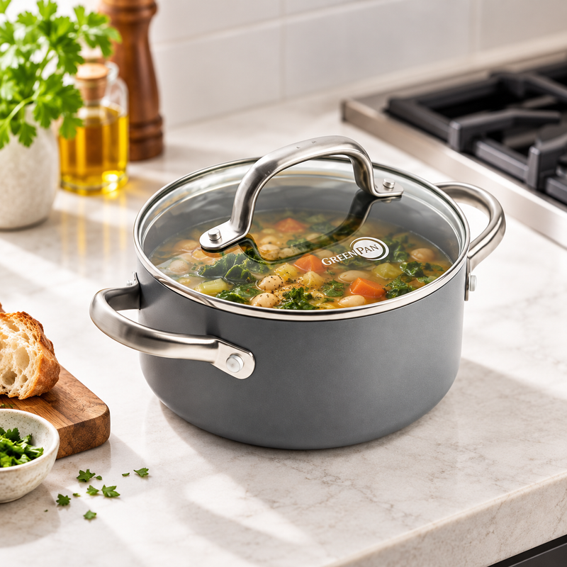 GreenPan Mayflower Pro 18 cm Cam Kapaklı Derin Tencere Thermolon™ Seramik Yüzey | PFAS, PFOA ve PTFE İçermez | İndüksiyon Uyumlu
