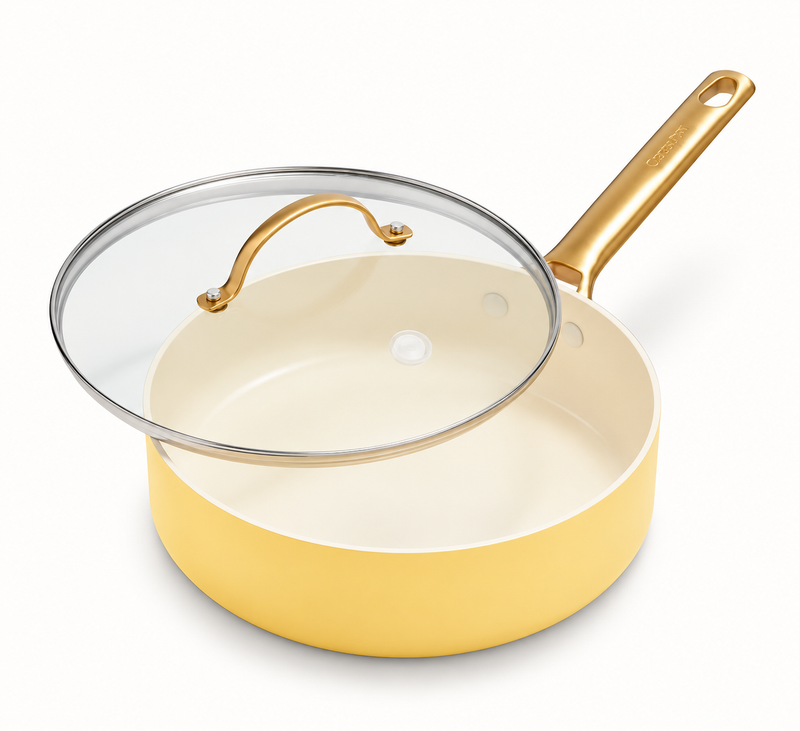 GreenPan Padova Ayçiçeği Sarısı 24 cm Cam Kapaklı Yayvan Pilav Tenceresi 3,01 L Thermolon™ Seramik Yüzey | PFAS, PFOA ve PTFE İçermez |
