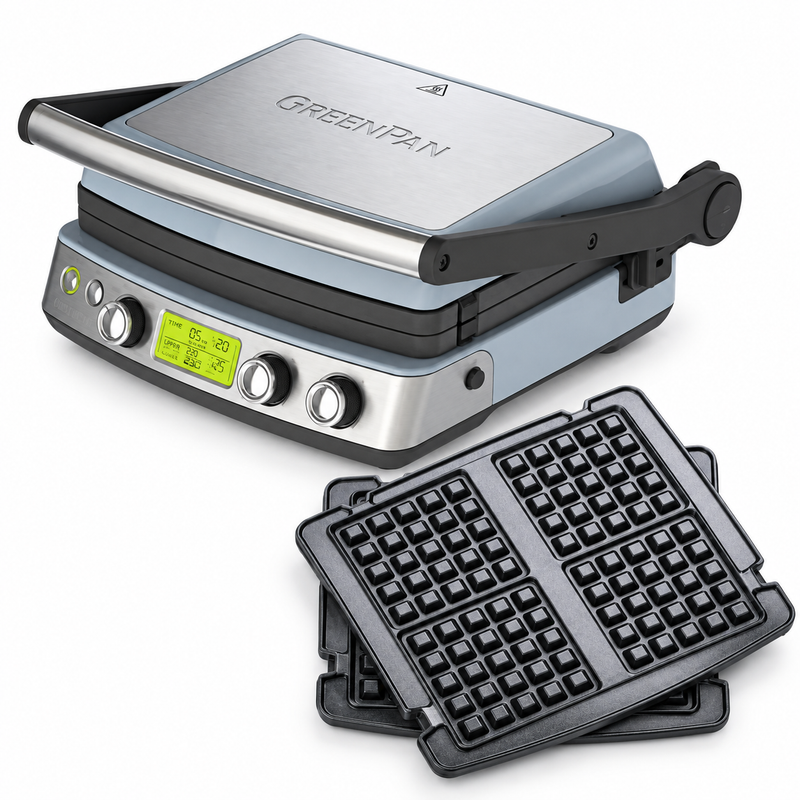 GreenPan Elite Grill Tost Makinesi Mavi + Waffle Plakası Seti – 7’si 1 Arada, Thermolon™ Volt Seramik Yüzey