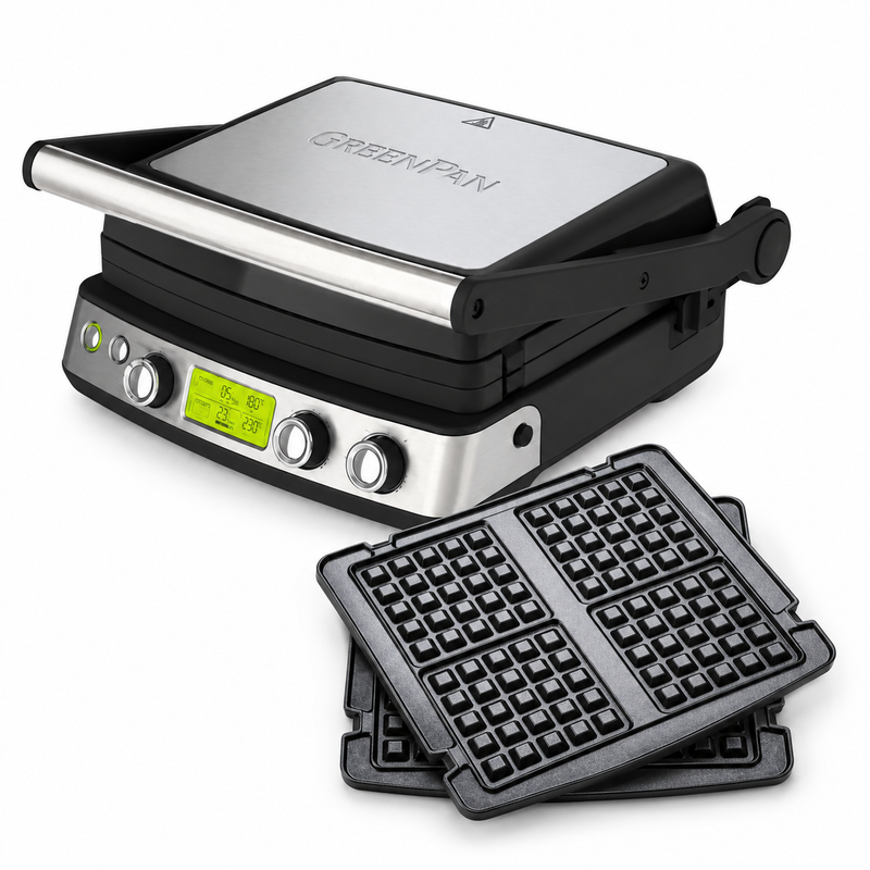 GreenPan Elite Grill Tost Makinesi Siyah + Waffle Plakası Seti – 2200 W, Thermolon™ Volt Seramik Yüzey