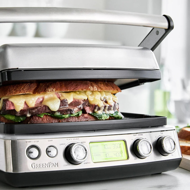 GreenPan Elite Grill Tost Makinesi İnox | 7’si 1 Arada | Thermolon™ Volt Seramik Yüzey | PFAS, PFOA, PTFE İçermez