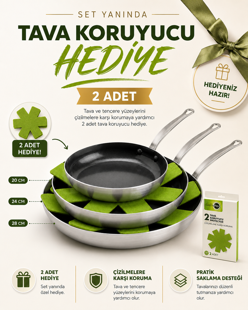 GreenPan x Mauviel 3-Ply Paslanmaz Çelik 3’lü Tava Seti 20-24-28 cm Thermolon Seramik Yüzey