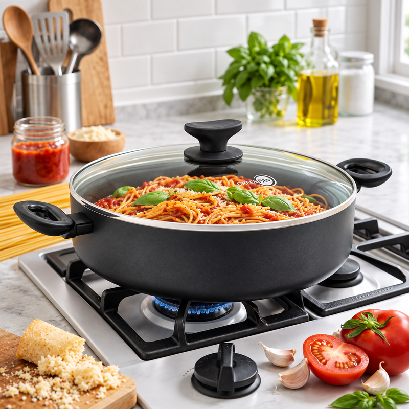 GreenPan Torino 3 Parça Tencere ve Tava Seti | 24 cm Tava + 24 cm Kapaklı Basık Pilav Tenceresi 2,91 L | Thermolon™ Seramik Yüzey | PFAS, PFOA ve PTFE İçermez