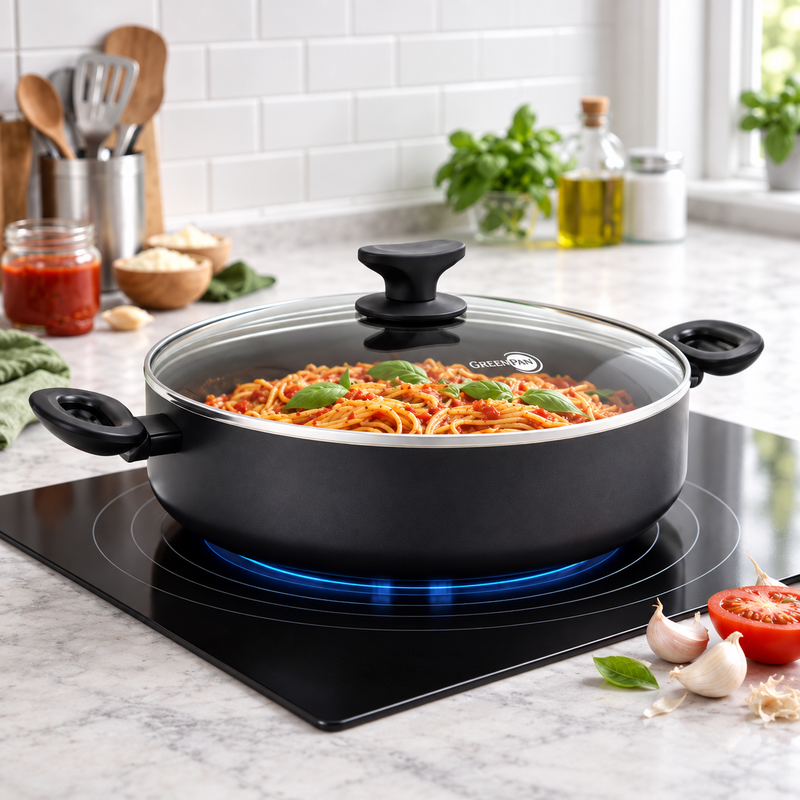 GreenPan Torino 3 Parça Tencere ve Tava Seti | 24 cm Tava + 24 cm Kapaklı Basık Pilav Tenceresi 2,91 L | Thermolon™ Seramik Yüzey | PFAS, PFOA ve PTFE İçermez