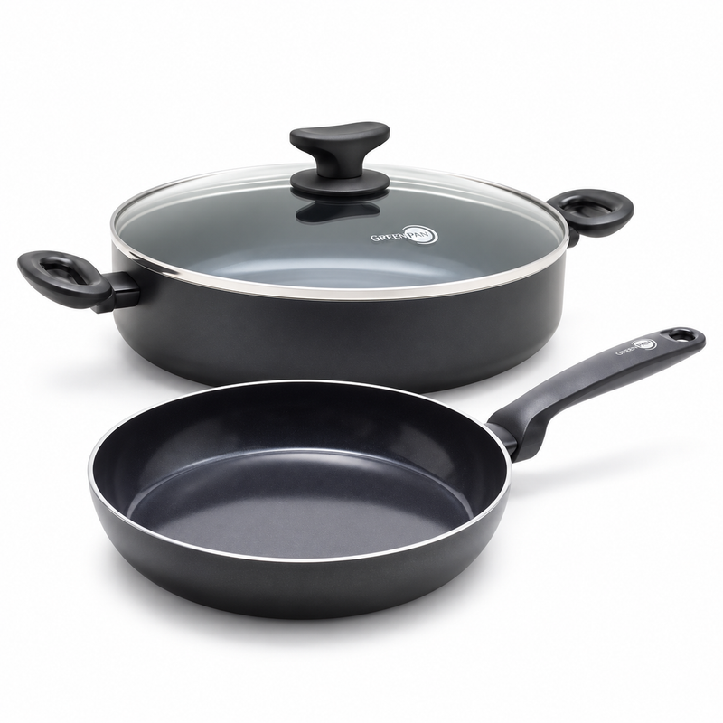 GreenPan Torino 3 Parça Tencere ve Tava Seti | 24 cm Tava + 24 cm Kapaklı Basık Pilav Tenceresi 2,91 L | Thermolon™ Seramik Yüzey | PFAS, PFOA ve PTFE İçermez